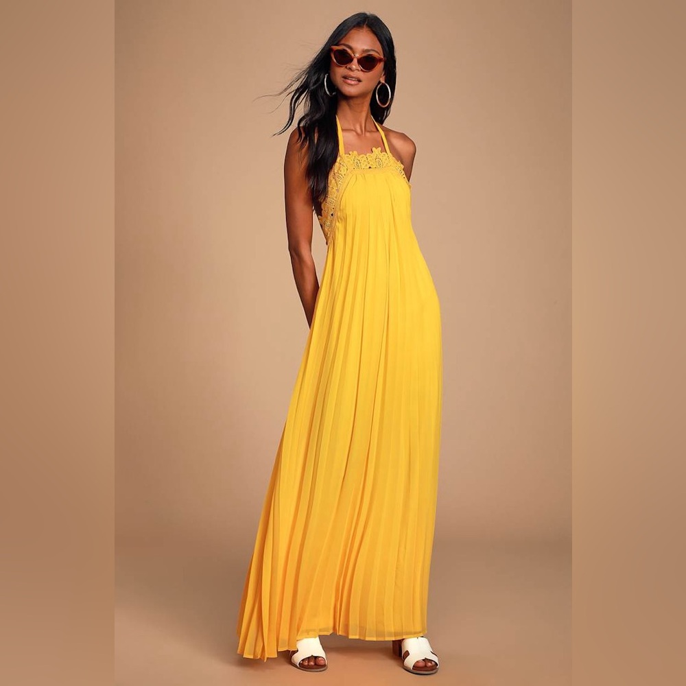 Lulus Encinitas Golden Yellow Lace Maxi Dress | Pleated Halter Formal